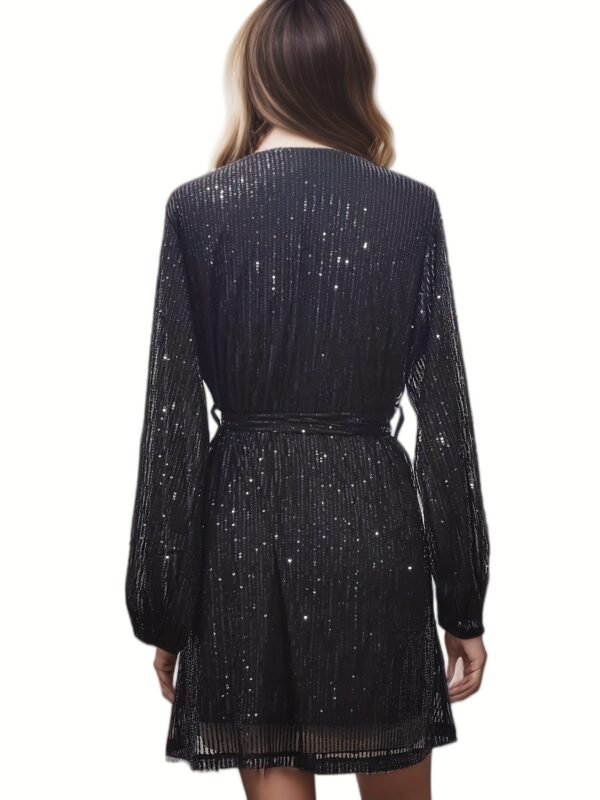 Sequined Tie Waist Dress, Elegant Solid Dress For Club & Party, Women's Clothing
