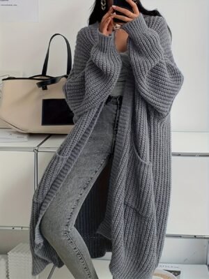 Solid Color Open Front Knitted Cardigan, Casual Long Sleeve Long Length Cardigan For Spring & Fall, Women's Clothing