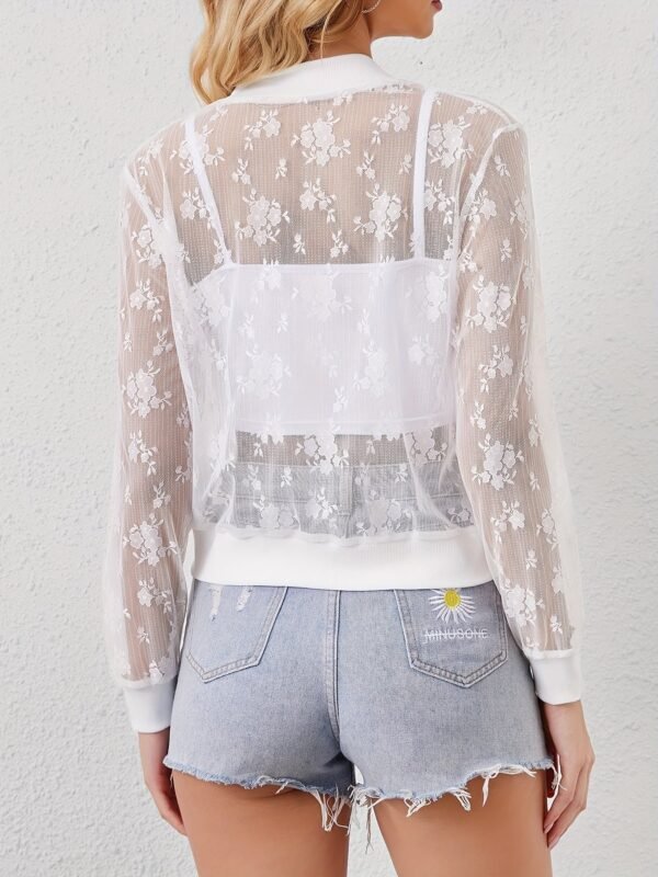 Lightweight Semi Transparent Mesh Panel Jacket, Stylish Long Sleeve Zipped Solid Color Jacket For Spring & Fall, Women's Clothing