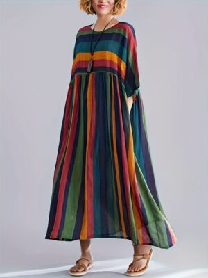 Plus Size Colorblock Stripe Print Loose Dress, Casual 3/4 Sleeve Dress For Spring & Summer, Women's Plus Size Clothing