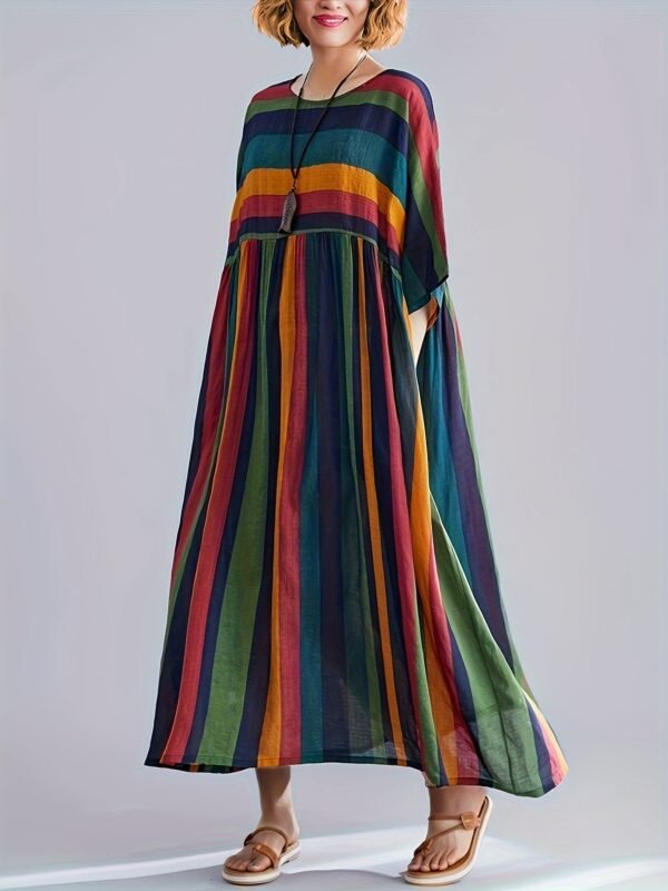 Plus Size Colorblock Stripe Print Loose Dress, Casual 3/4 Sleeve Dress For Spring & Summer, Women's Plus Size Clothing