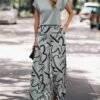 Striped Print Casual Pantsuits, Solid Crew Neck Short Sleeve T-shirt & Wide Leg Pants Outfits For Spring & Summer, Women's Clothing