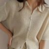 Solid Color Button Front Knit Cardigan, Casual Collared Short Sleeve Cardigan For Spring & Summer, Women's Clothing