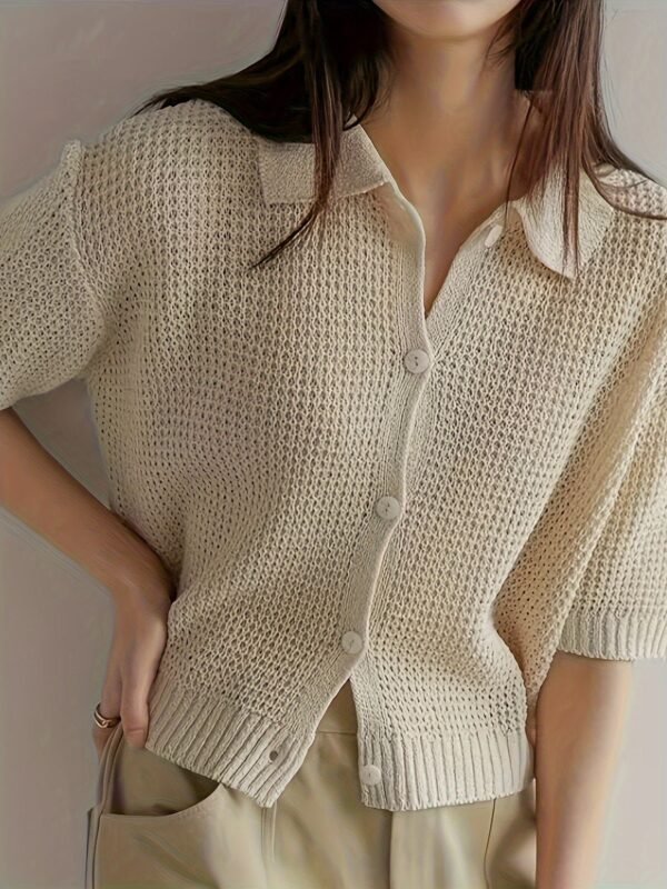 Solid Color Button Front Knit Cardigan, Casual Collared Short Sleeve Cardigan For Spring & Summer, Women's Clothing