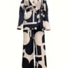 Business Casual Geo Print Two-piece Set, Notched Collar Tie-waist Blazer & Wide Leg Pants Outfits, Women's Clothing