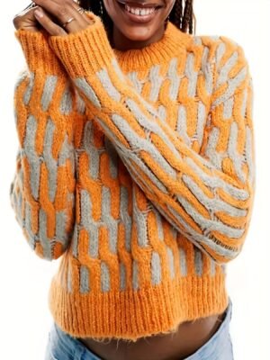 Color Block Long Sleeve Sweater, Casual Crew Neck Pullover Sweater For Winter & Fall, Women's Clothing