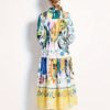 Graphic Print Button Front Dress, Casual Long Sleeve Tie Waist Dress For Spring & Fall, Women's Clothing