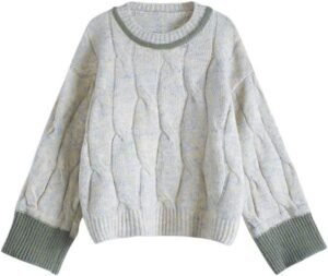 Women Autumn/Winter Korean Fashion Vintage O-Neck Jumper Long Sleeve Thick Knitwear Contrast Color Warm Cozy Sweater