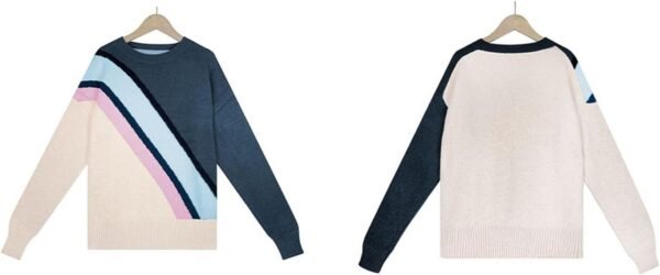 Women Crewneck Knitwear Fashion Colorblock Casual Sweater Loose Fit Pullover Knitwear Warm Soft Fabric Long Sleeve Sweater (Blue)