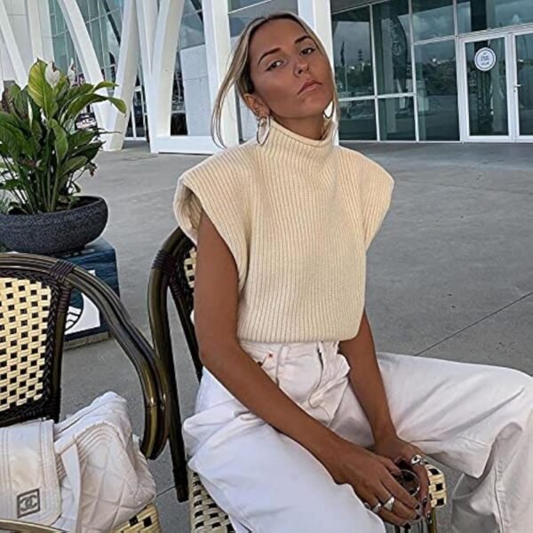 Women's Sleeveless Turtleneck Sweater Vest Shoulder Pad Knitted Tank Top Casual Solid Pullover Tops Knitwear