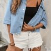 Women's Plus Size Half-Sleeve Denim Jacket With Flap Pockets And Frayed Hem, Elegant Casual Style, Versatile Summer Top In Blue
