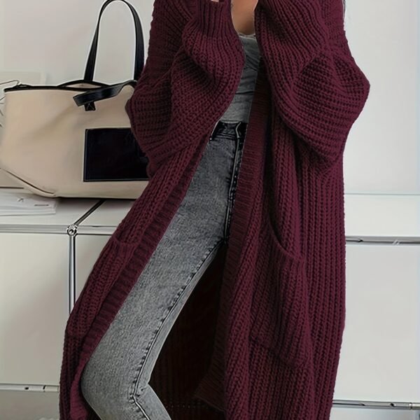 Solid Color Open Front Knitted Cardigan, Casual Long Sleeve Long Length Cardigan For Spring & Fall, Women's Clothing