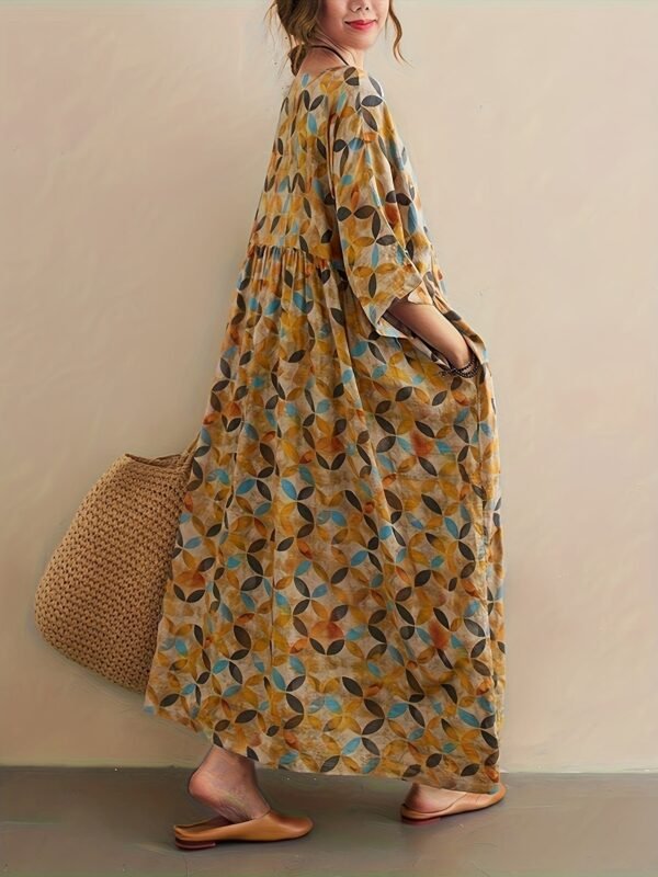 Plus Size Colorful Geo Print Loose Dress, Vacation Style Ruched Ankle Length 3/4 Sleeve Dress For Spring & Summer, Women's Plus Size Clothing