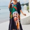 Plus Size Vacay Dress, Women's Plus Leaf Print Bat Sleeve V Neck Split Hem Cover Up Maxi Dress