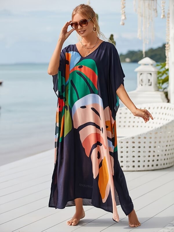 Plus Size Vacay Dress, Women's Plus Leaf Print Bat Sleeve V Neck Split Hem Cover Up Maxi Dress