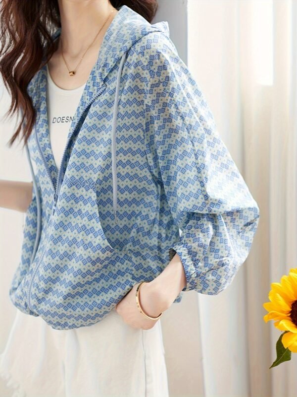 Allover Print Zipper Front Jacket, Casual Long Sleeve Drawstring Hooded Outwear For Spring & Fall, Women's Clothing