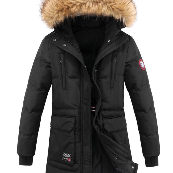 Women's Winter Puffer Jacket, Faux Fur Collar Hooded Coat, Zip-up Snap Button Windproof Thermal Casual Jacket