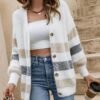 Color Block Button Down Knit Cardigan, Casual Long Sleeve V Neck Sweater, Women's Clothing