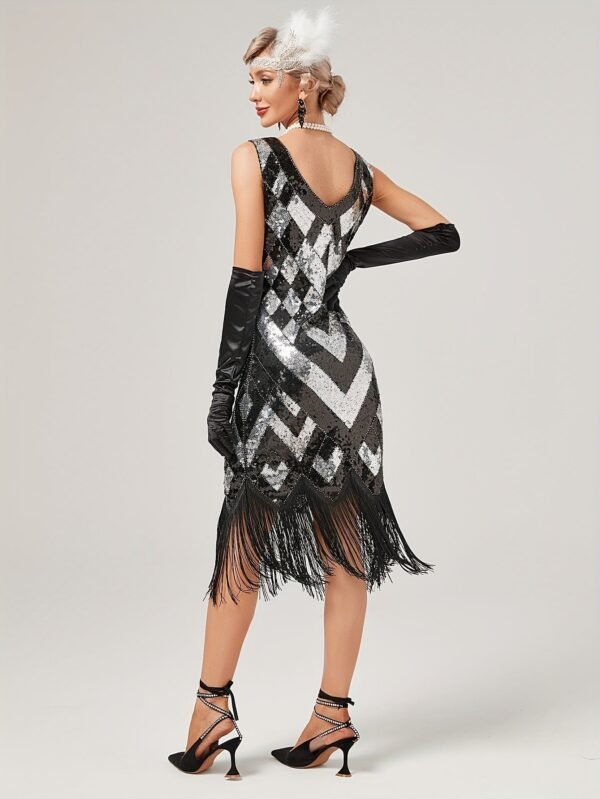 Sequined Tassel Hem Dress, Vintage Plunging Neck Sleeveless Backless Sheath Dress, Women's Clothing