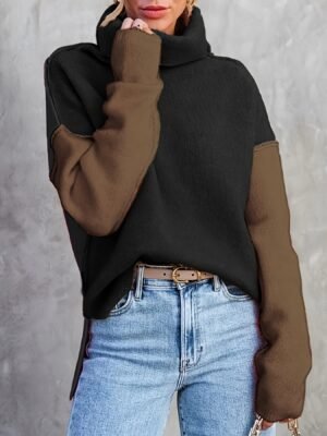 Color Block Turtle Neck Pullover Sweater, Casual Long Sleeve Split Side Sweater For Fall & Winter, Women's Clothing