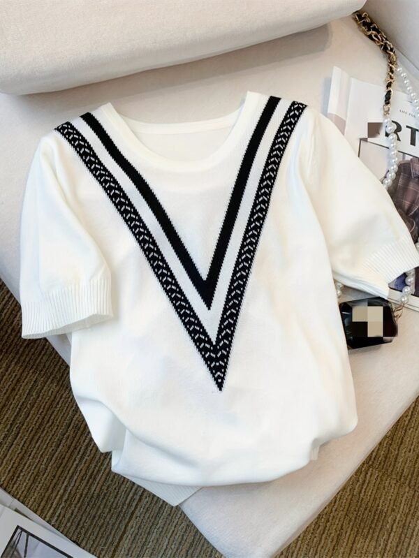 Color Block Crew Neck Knitted Sweater, Casual Short Sleeve Top For Spring & Summer, Women's Clothing