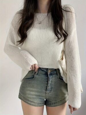 Solid Crew Neck Knitted Top, Casual Long Sleeve Thin Sweater, Women's Clothing