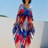 Plus Size Colorful Butterfly Print Slit Dress, Casual Batwing Sleeve Dress For Spring & Summer, Women's Plus Size Clothing