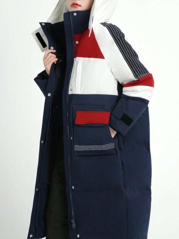 Color Block Hooded Down Jacket, Casual Stand Collar Long Sleeve Winter Warm Outerwear, Women's Clothing