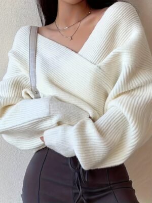 Rib-knit V Neck Loose Sweater, Elegant Long Sleeve Sweater For Fall & Winter, Women's Clothing