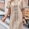 Embroidered Trim Crew Neck Dress, Elegant Simple Short Sleeve Dress For Spring & Summer, Women's Clothing