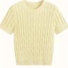 Cable Knitted Crew Neck Sweater, Casual Short Sleeve Pullover Sweater For Spring & Summer, Women's Clothing