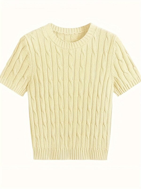 Cable Knitted Crew Neck Sweater, Casual Short Sleeve Pullover Sweater For Spring & Summer, Women's Clothing