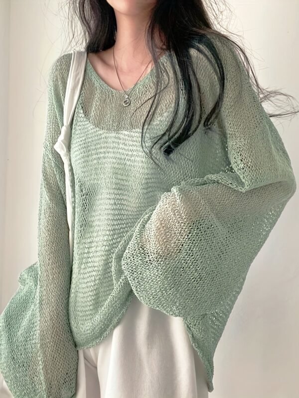 Solid Knitted Pullover Top, Casual Crew Neck Long Sleeve Crochet Coverup Top, Women's Clothing