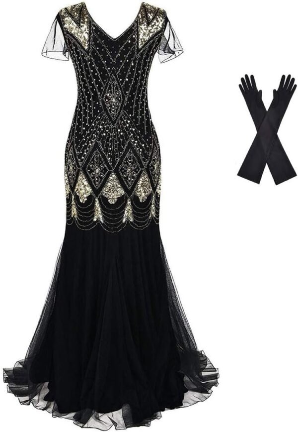 Women Evening Dress 1920s Flapper Cocktail Mermaid Plus Size Formal Gown with Long Gloves