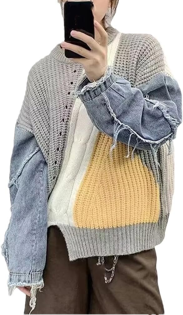 616OrD6Y0dL._AC_SL1011.jpg Fashion Women's Sweater Autumn Winter Contrast Denim Loose Fitting Pullover Street Fashion Casual O-Neck Knitwear Tops