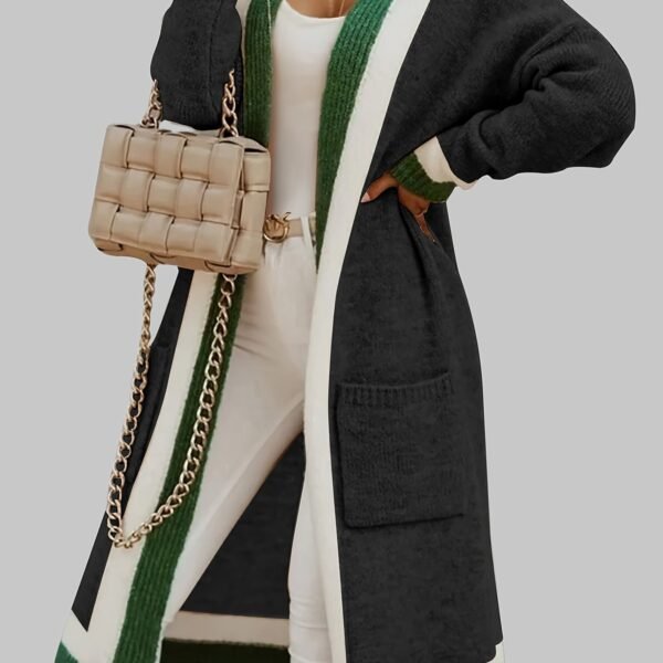 Color Block Open Front Knit Cardigan, Vintage Long Sleeve Long Length Sweater Coat With Pocket, Women's Clothing