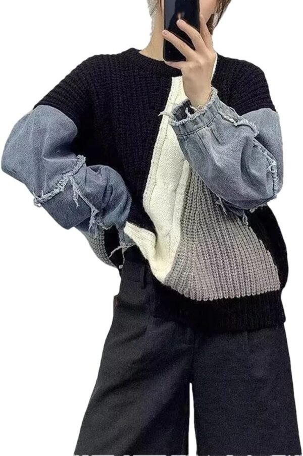 61928mPTcbL._AC_SL1164.jpg Fashion Women's Sweater Autumn Winter Contrast Denim Loose Fitting Pullover Street Fashion Casual O-Neck Knitwear Tops