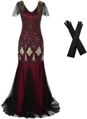 Women Evening Dress 1920s Flapper Cocktail Mermaid Plus Size Formal Gown with Long Gloves