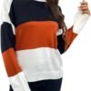 Womens Color Block Sweaters Long Sleeve Crewneck Pullover Knit Jumper Tops Fashion Casual Striped Knitwear Sweater
