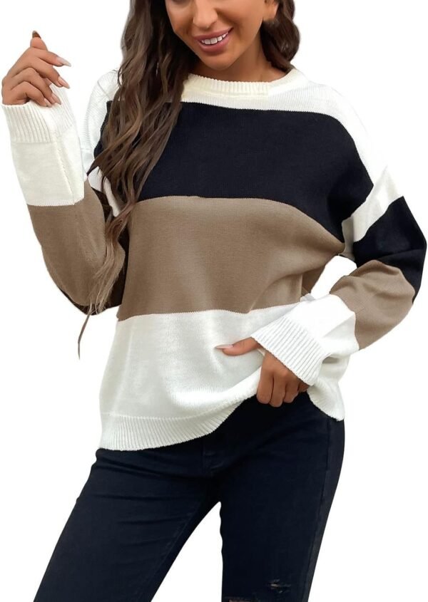 Womens Color Block Sweaters Long Sleeve Crewneck Pullover Knit Jumper Tops Fashion Casual Striped Knitwear Sweater