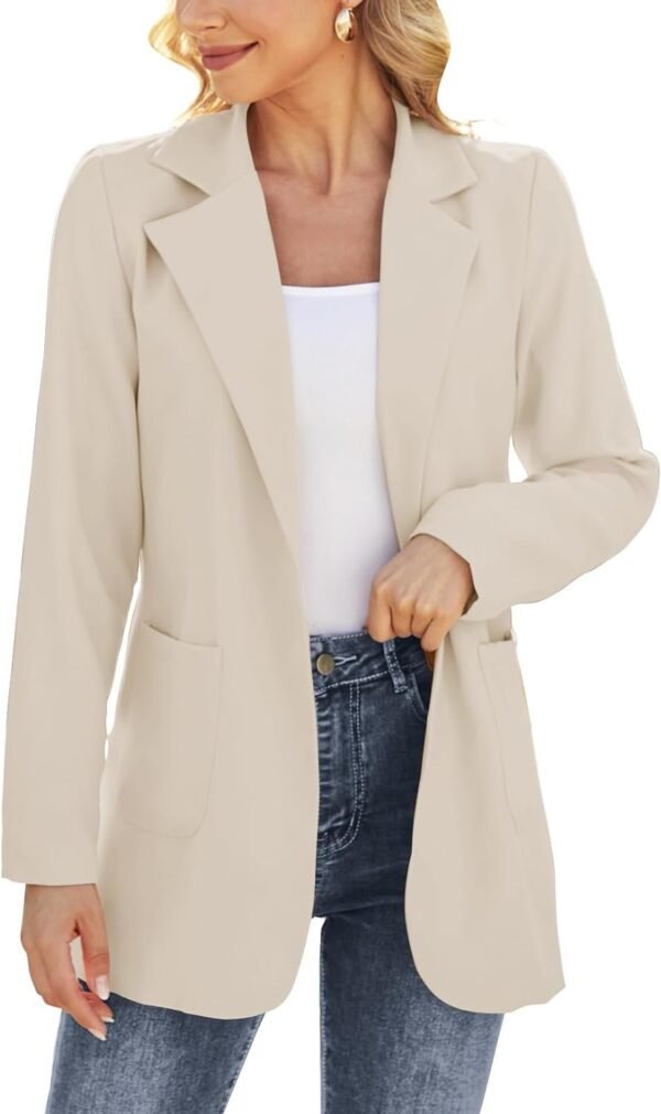 61hjJpAb0tL._AC_SL1500-1.jpg Women Open Front Blazers Long Sleeve Casual OL Office Slim Buttonless Suit Jacket with Pockets