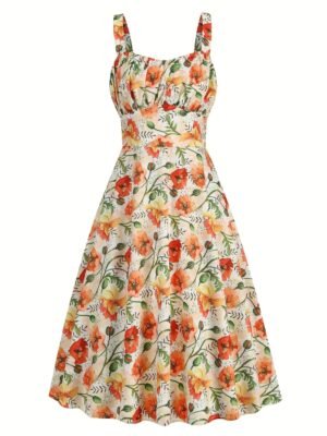 627432b6c9181ac94383f6f1bb62e13f-1.jpg Floral Print Wide Strap Dress, Vacation Style Sleeveless Ruched Bust A-line Dress For Spring & Summer, Women's Clothing