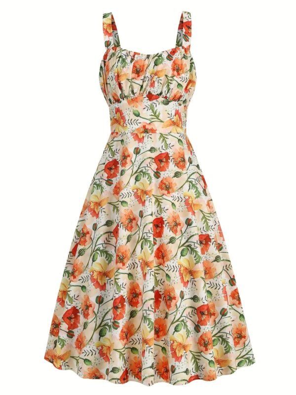 Floral Print Wide Strap Dress, Vacation Style Sleeveless Ruched Bust A-line Dress For Spring & Summer, Women's Clothing