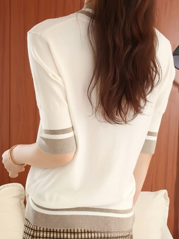 Contrast Trim Mock Neck Sweater, Casual Half Sleeve Pullover Sweater For Spring & Summer, Women's Clothing