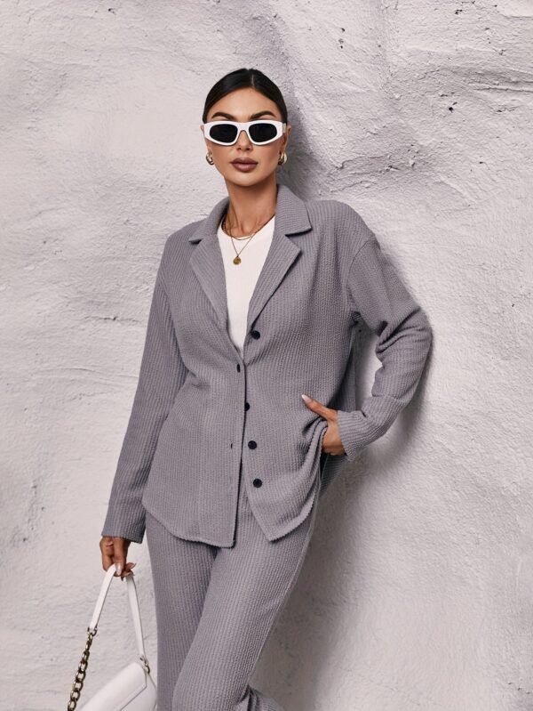 Solid Casual Two-piece Set, Button Up Long Sleeve Top & Pants Outfits, Women's Clothing