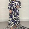 Plus Size All Over Print Tiered Dress, Vacation Button Front 3/4 Sleeve Dress For Spring & Summer, Women's Plus Size Clothing