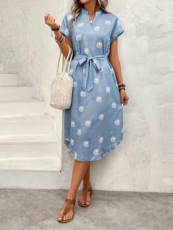 Floral Print Notched Neck Dress, Elegant Batwing Sleeve Dress For Spring & Summer, Women's Clothing