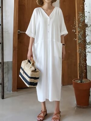 64b6eadc-ecb7-4361-8dd1-080633a92912-1.jpg Solid Color Button Coverup Dress, Casual V Neck Half Sleeve Loose Midi Dress With Pocket, Women's Clothing