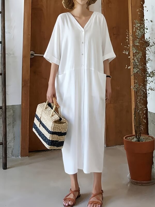 Solid Color Button Coverup Dress, Casual V Neck Half Sleeve Loose Midi Dress With Pocket, Women's Clothing