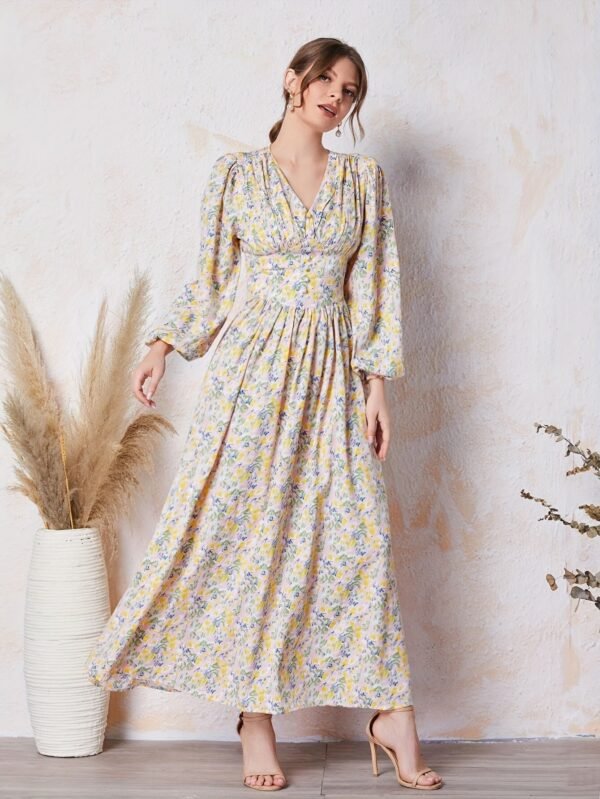 Floral Print V Neck Dress, Elegant Long Sleeve Dress For Spring & Summer, Women's Clothing